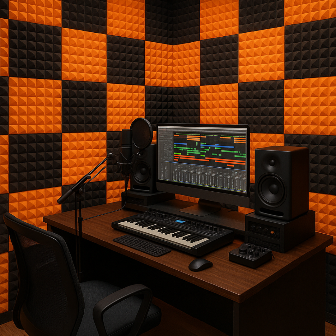 Pyramid Acoustic Foam 1”, 1x1 Ft, Charcoal + MMT Orange