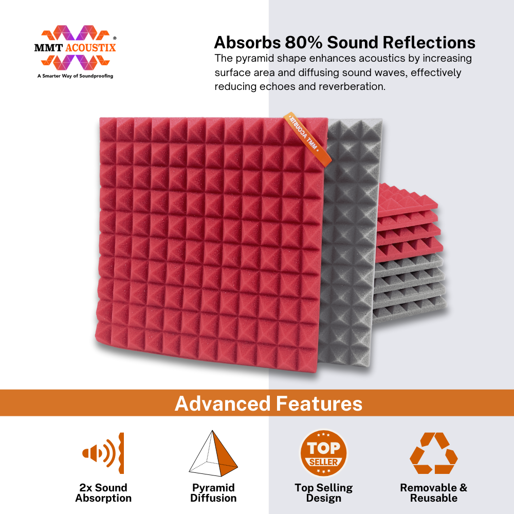 Pyramid Acoustic Foam 1”, 1x1 Ft, Stone White + Flame Red