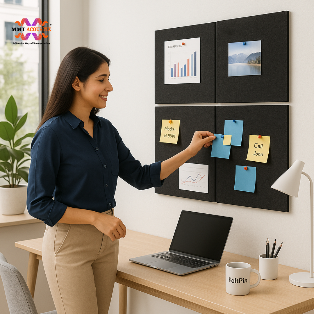 MMT Acoustix® FeltPin 8 Pcs Premium Felt Bulletin Boards for Office, Home & School | Felt Notice Board for Message, Notes, Calendar and Wall Decoration | 30x30cm, Piano Black