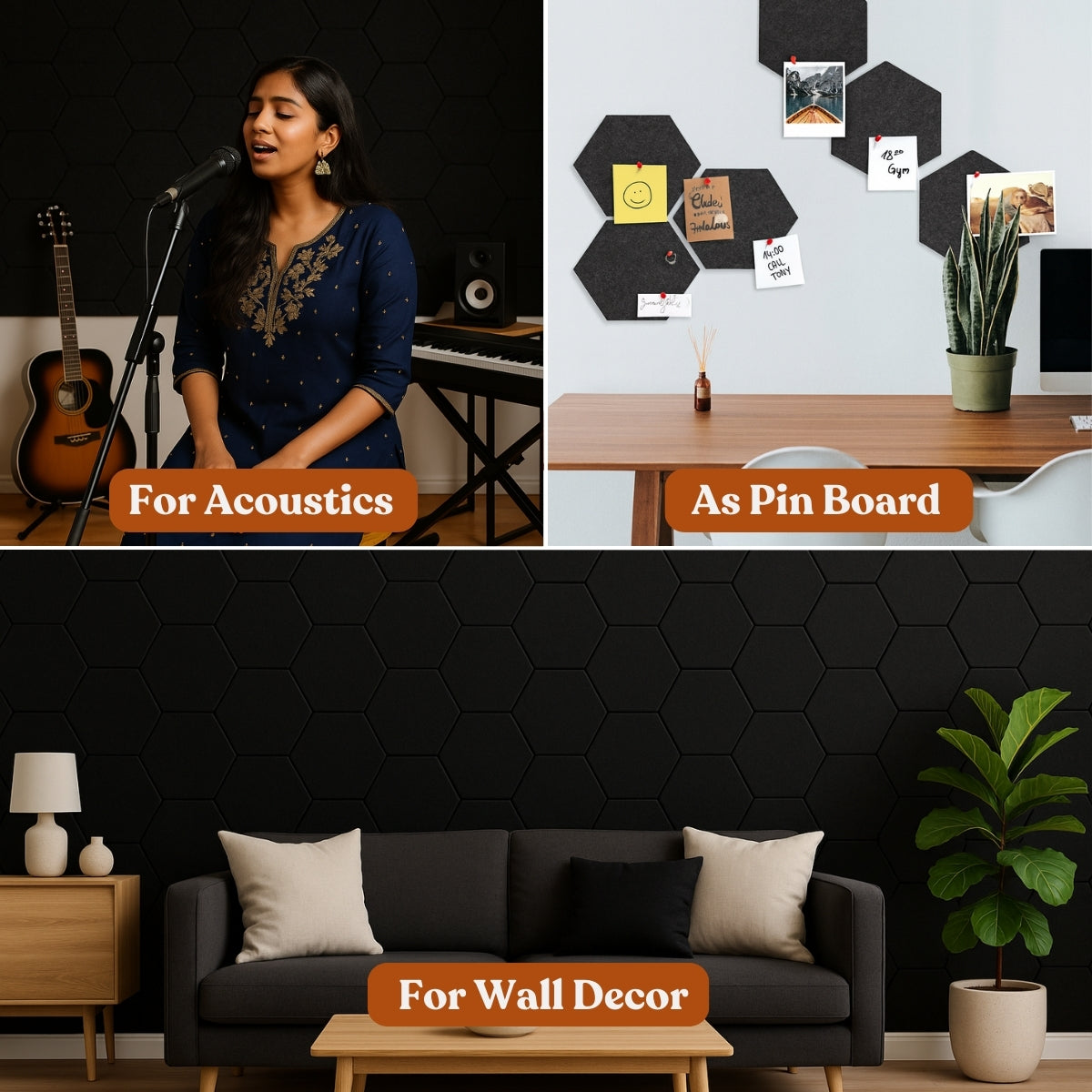 HexaFelt Bevelled Acoustic Panels | Piano Black | 7 Pcs