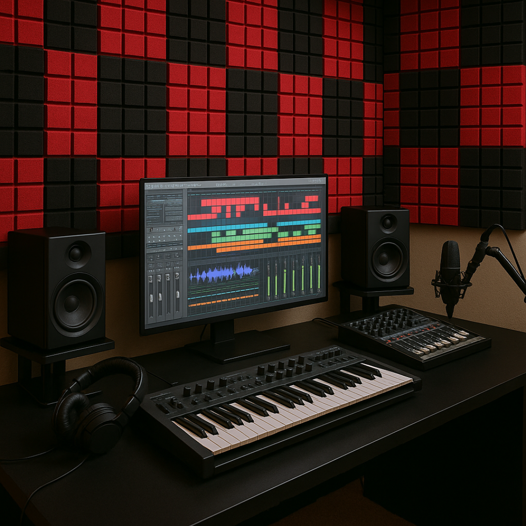 Turbo Acoustic Foam 1x1 ft, Charcoal + Flame Red