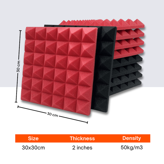 Pyramid Acoustic Foam 2”, 1x1 Ft, Charcoal + Flame Red