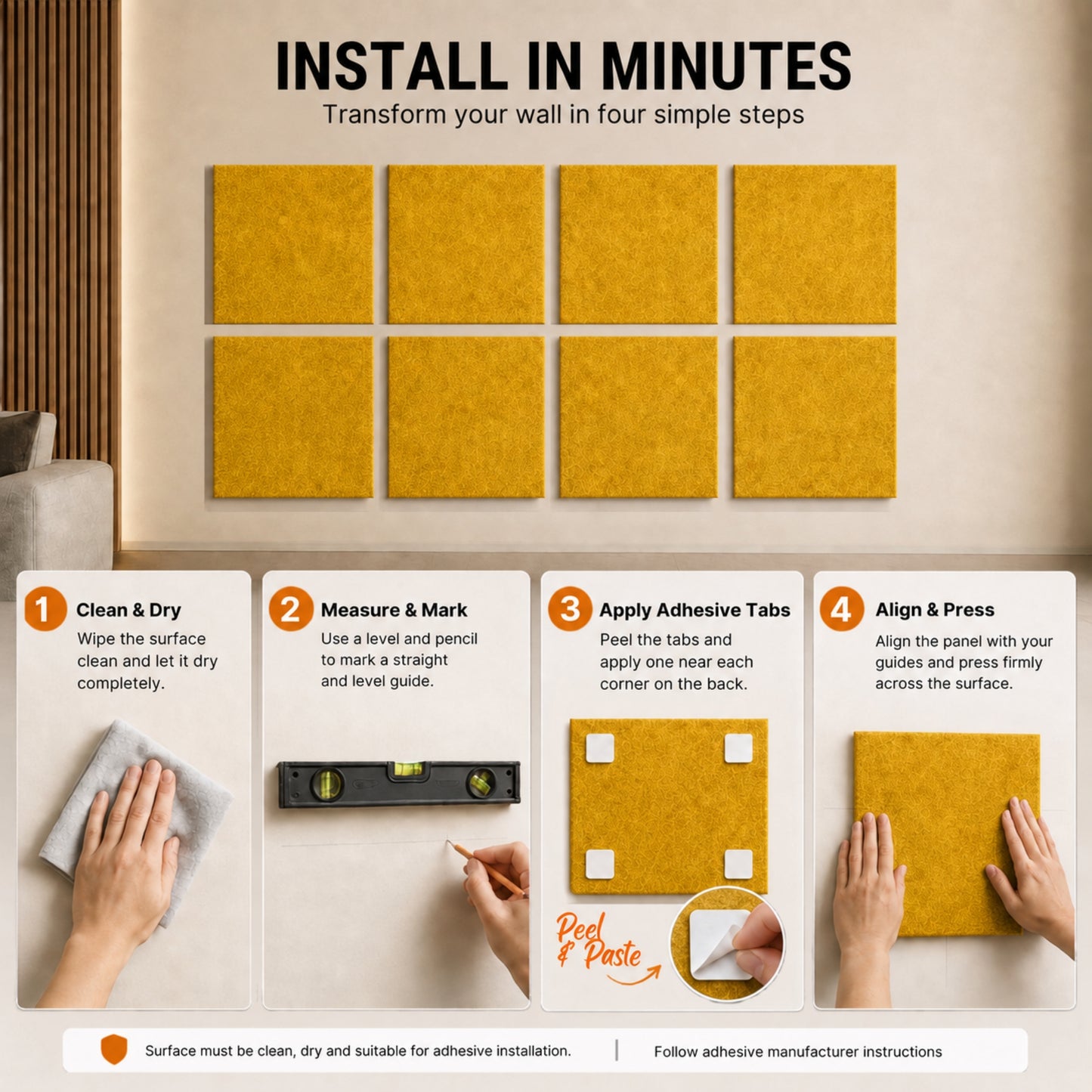Felt PET Acoustic Panel | Office & Home Acoustics | Mustard