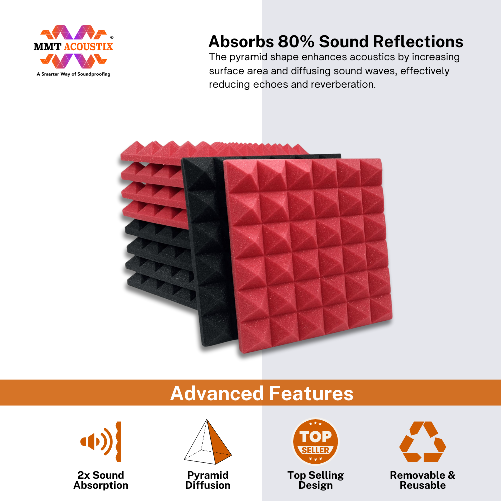 Pyramid Acoustic Foam 2”, 1x1 Ft, Charcoal + Flame Red