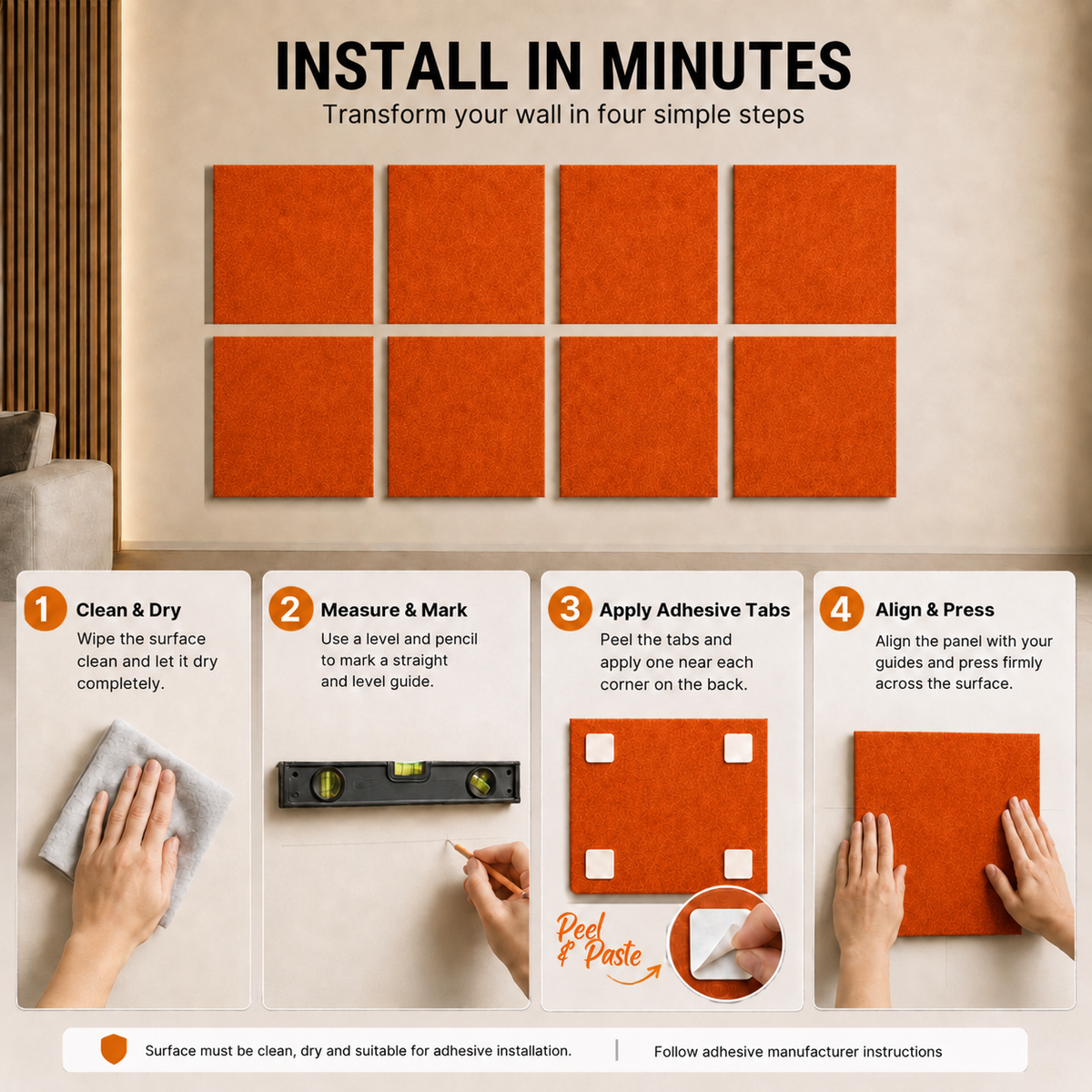 Felt PET Acoustic Panel | Office & Home Acoustics | Rust