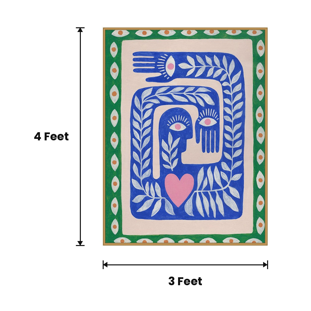 Folk Face Blue Eye Border acoustic painting size guide, 4 x 3 ft