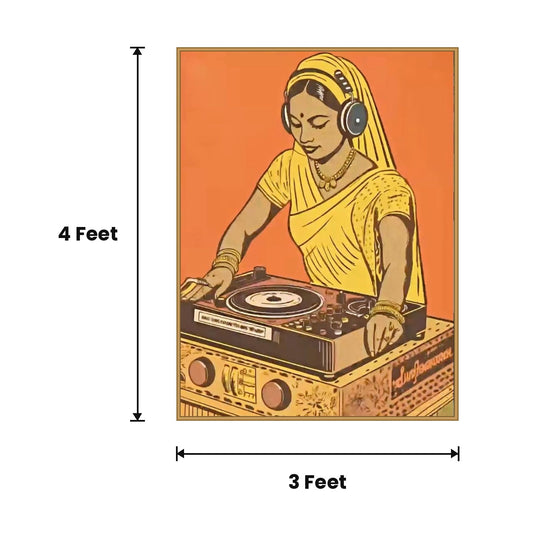 Woman DJ Retro Poster acoustic painting size guide, 4 x 3 ft