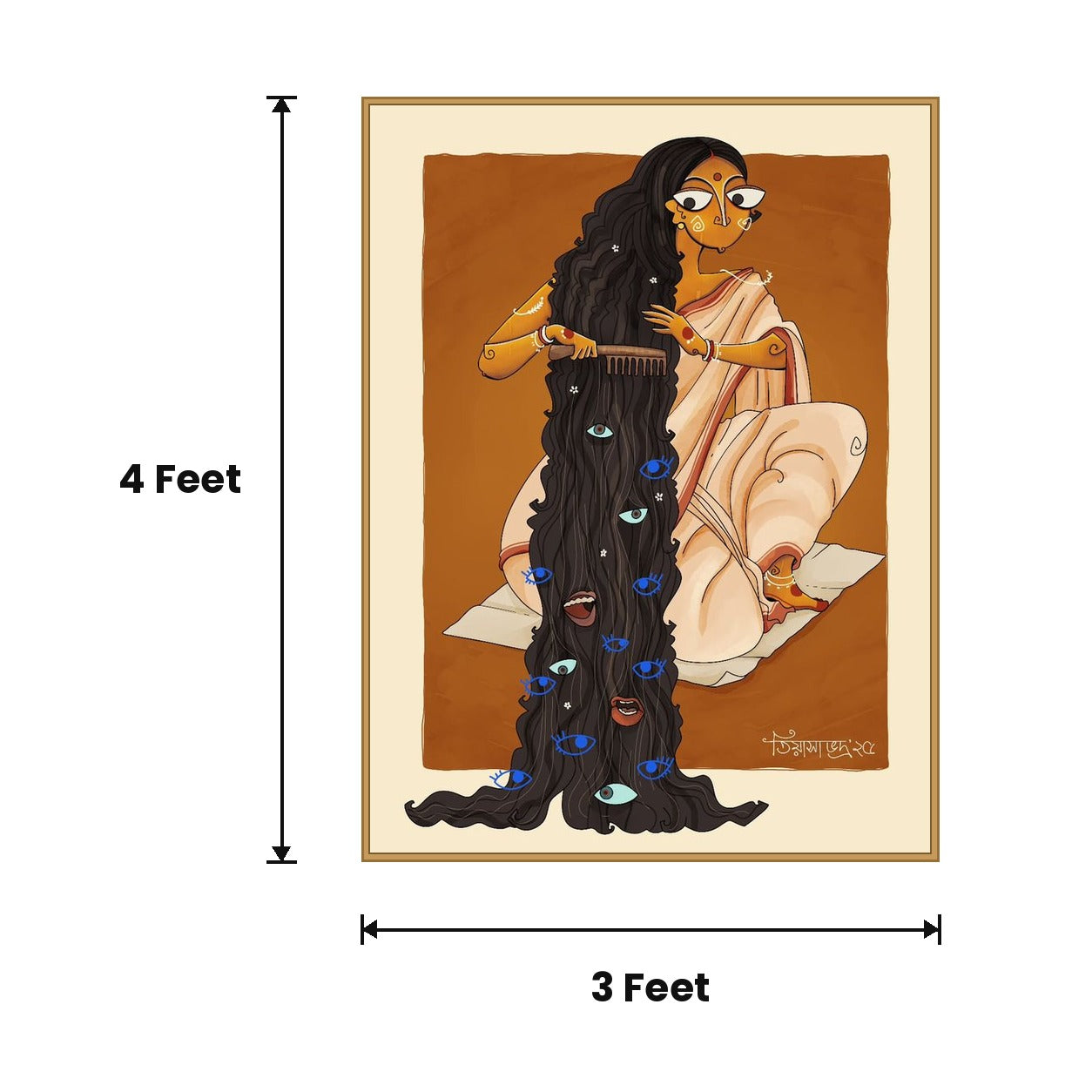 Woman Combing Hair Folk acoustic painting size guide, 4 x 3 ft