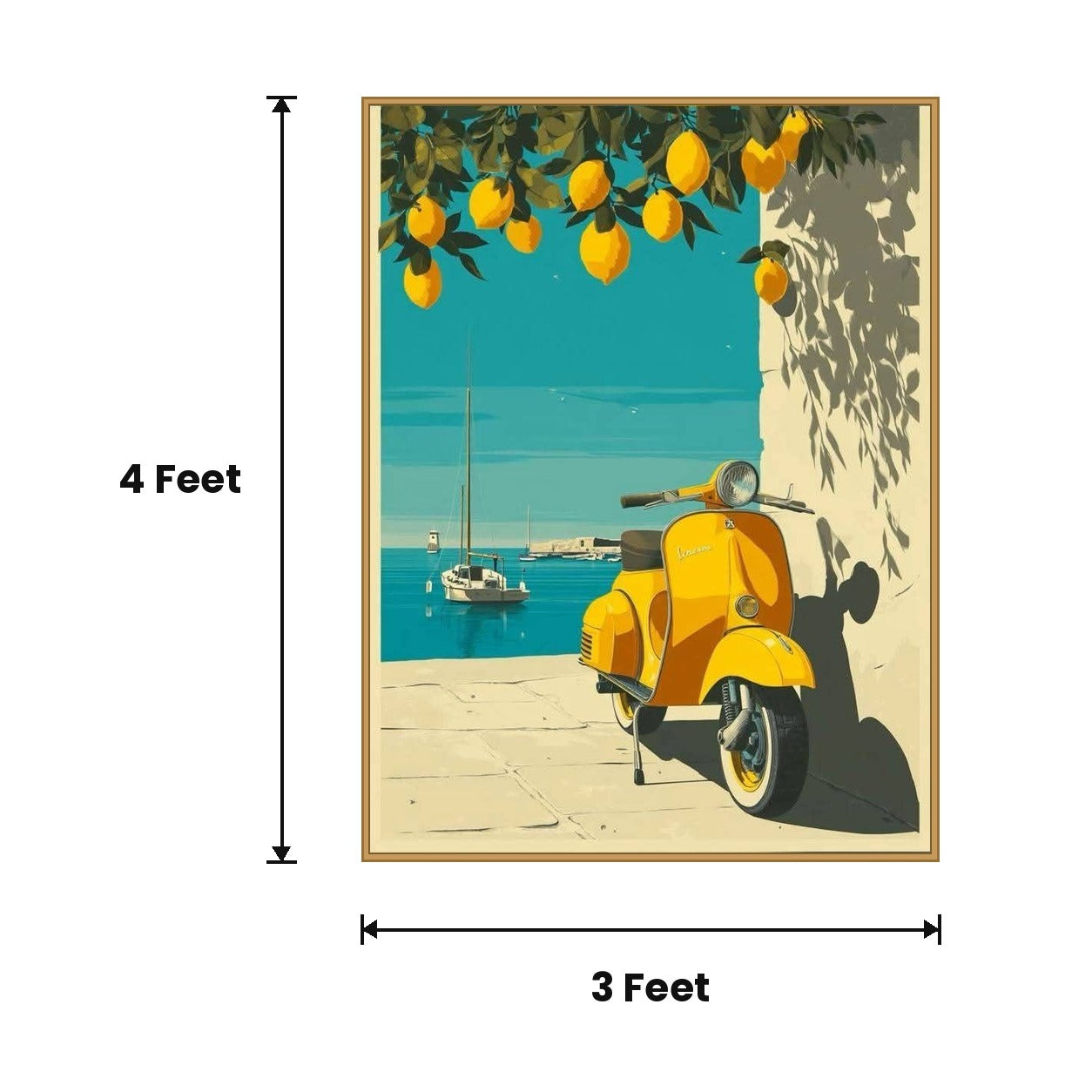 Yellow Scooter Riviera Poster acoustic painting size guide, 4 x 3 ft
