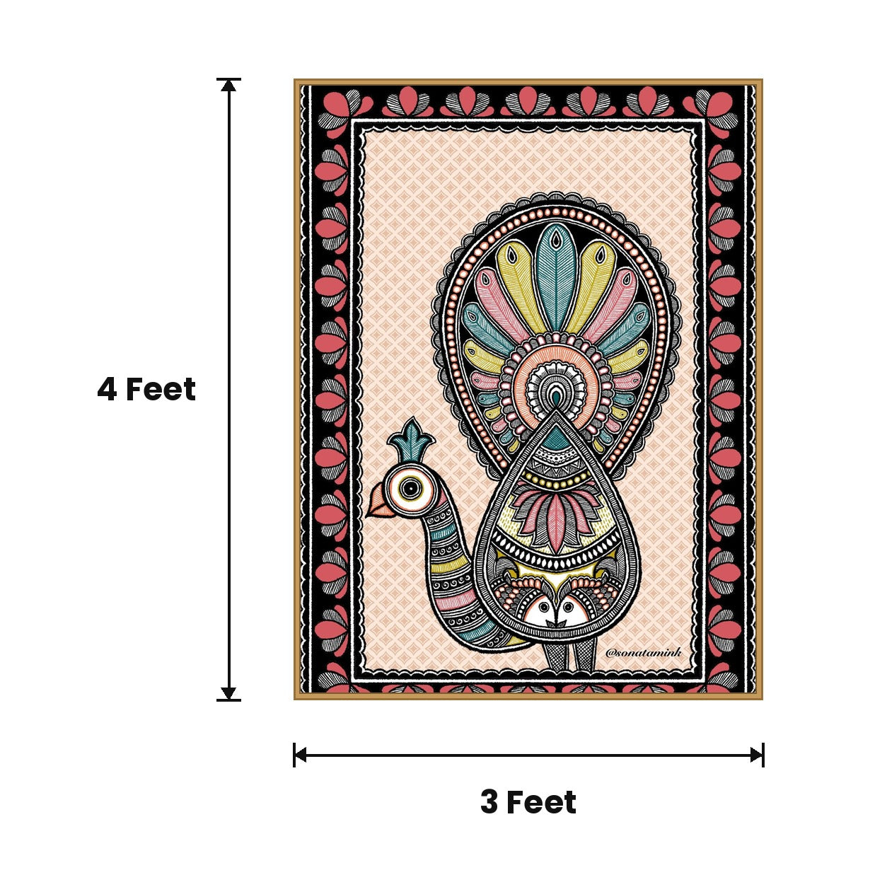 Madhubani Woman Panel acoustic painting size guide, 4 x 3 ft