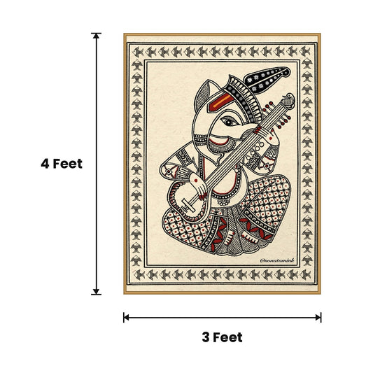 Madhubani Fox With Flute acoustic painting size guide, 4 x 3 ft