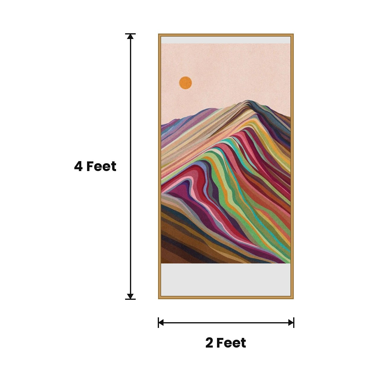 Rainbow Mountain Sun Minimal acoustic painting size guide, 4 x 2 ft