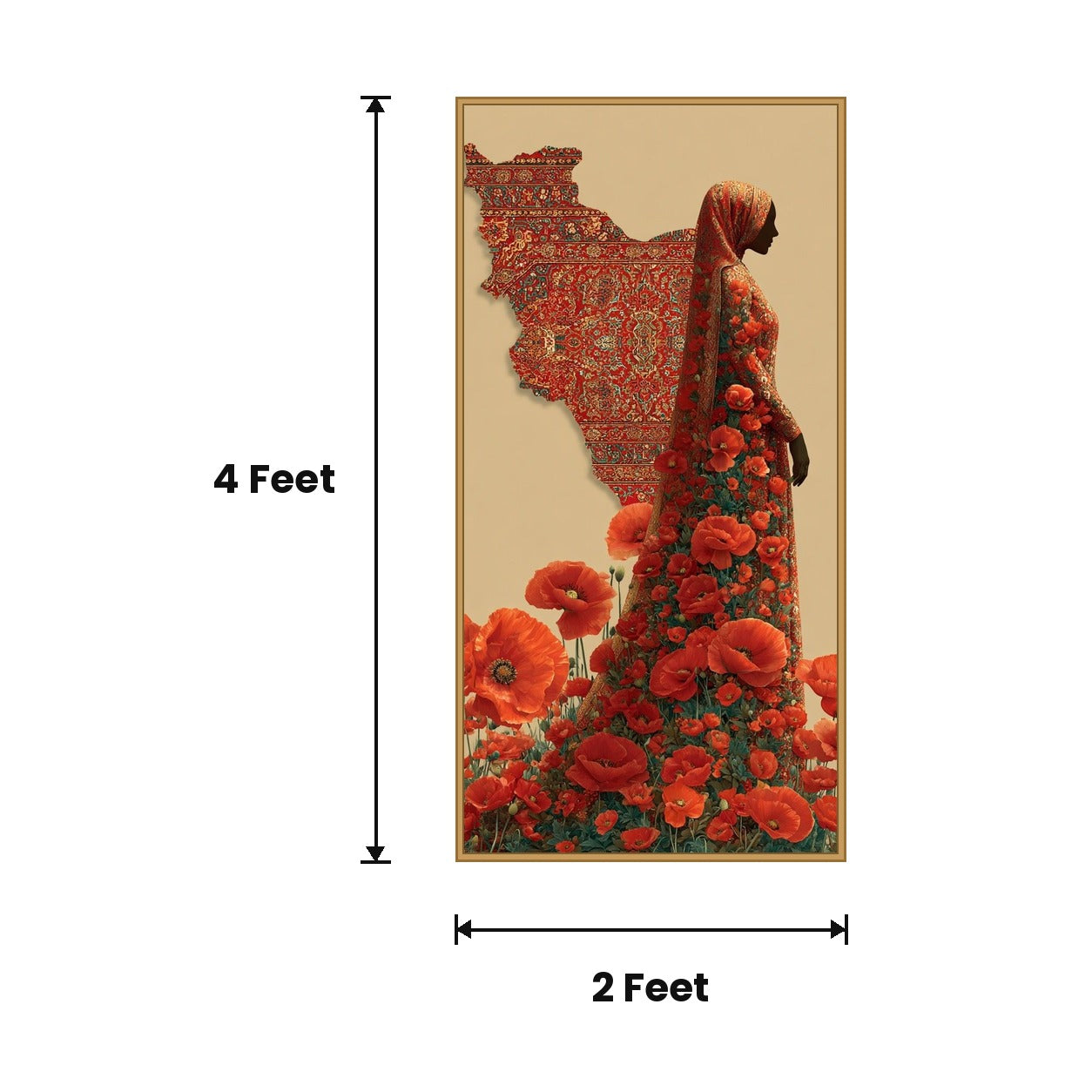 Woman With Red Poppies acoustic painting size guide, 4 x 2 ft