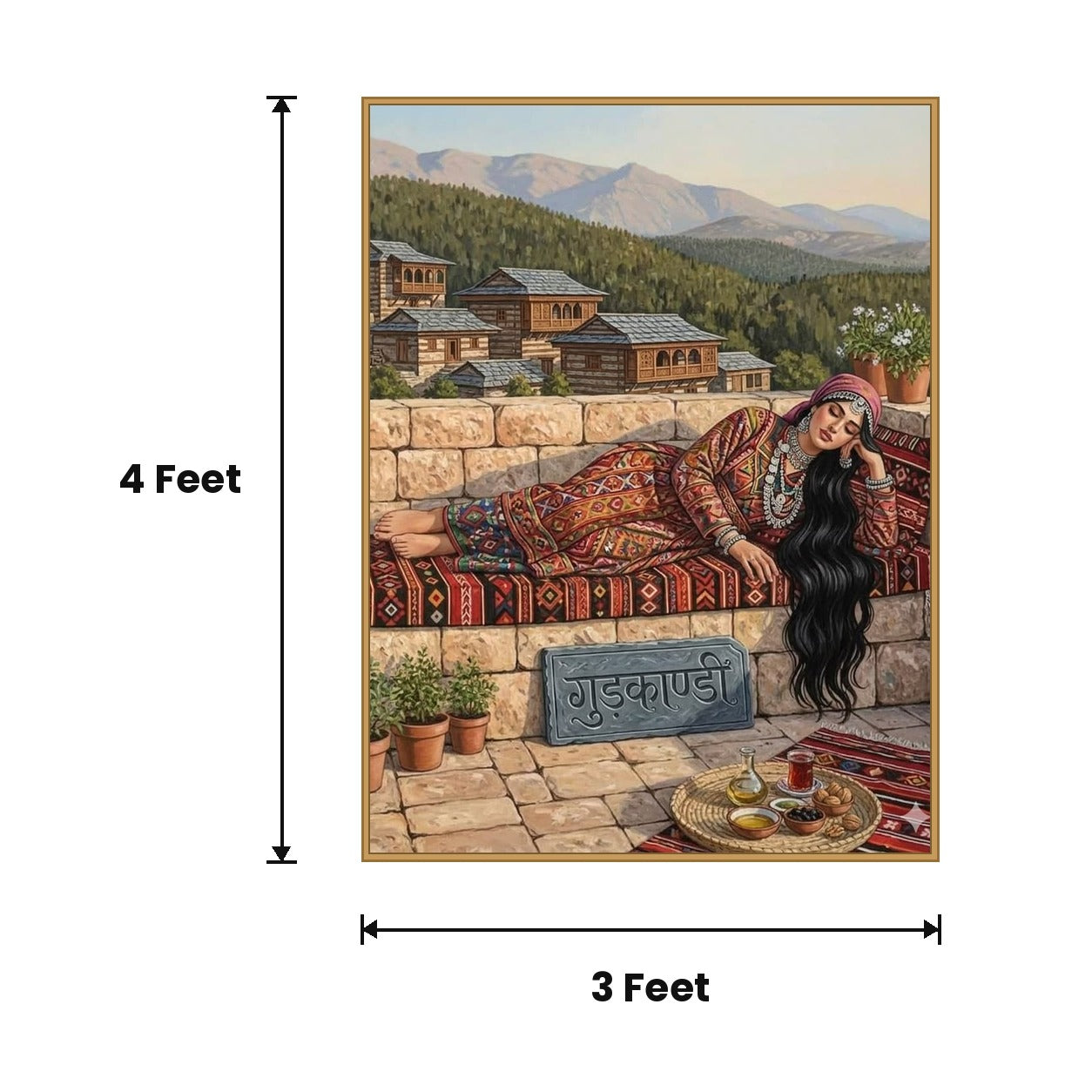 Woman Resting Mountain Village Folk acoustic painting size guide, 4 x 3 ft