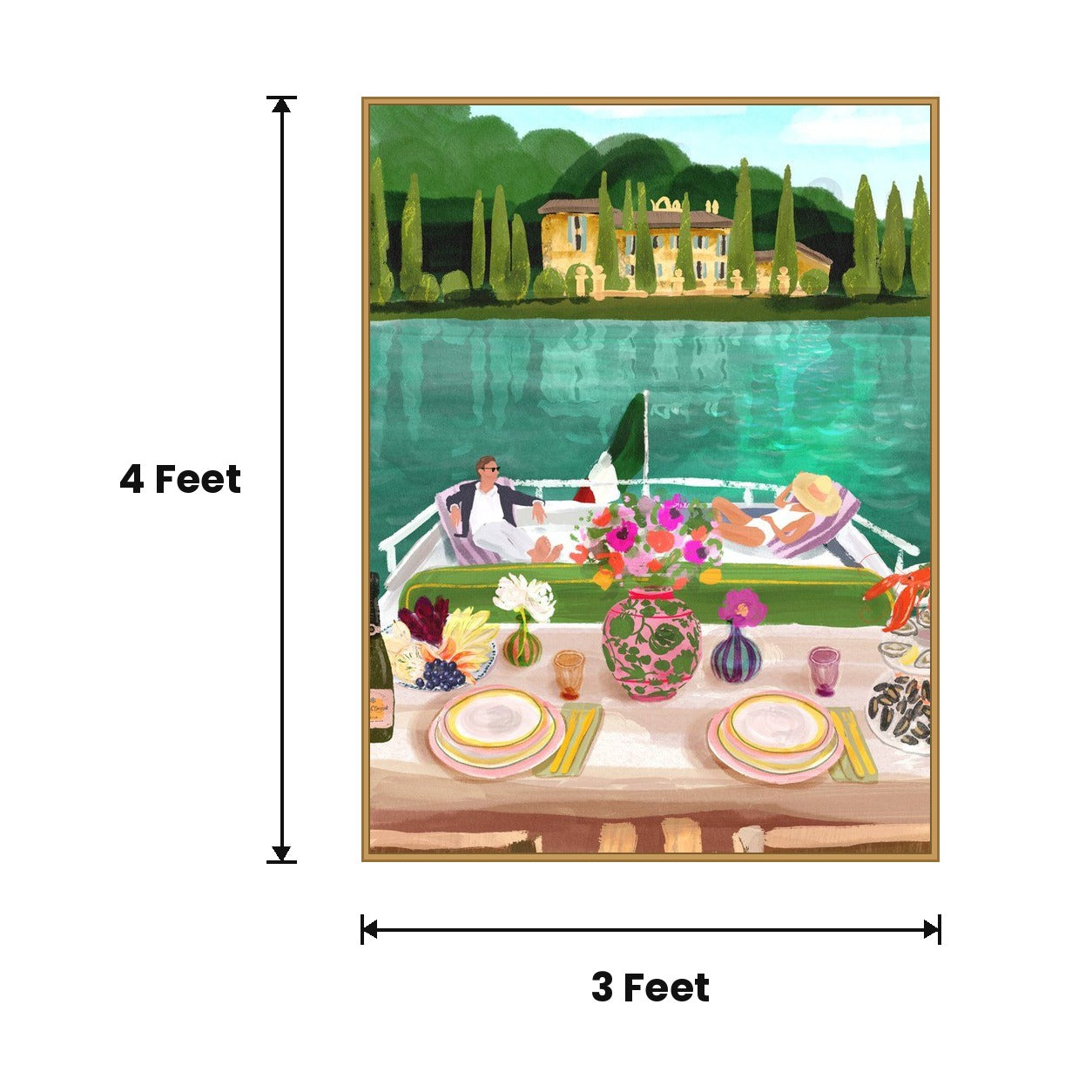 Lakeside Boat Lunch Scene acoustic painting size guide, 4 x 3 ft