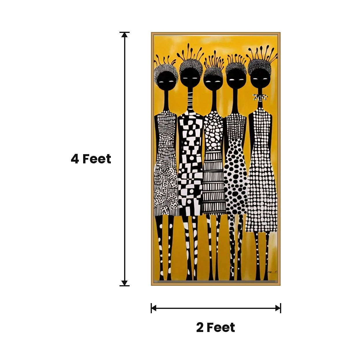 Tribal Women Row Yellow acoustic painting size guide, 4 x 2 ft