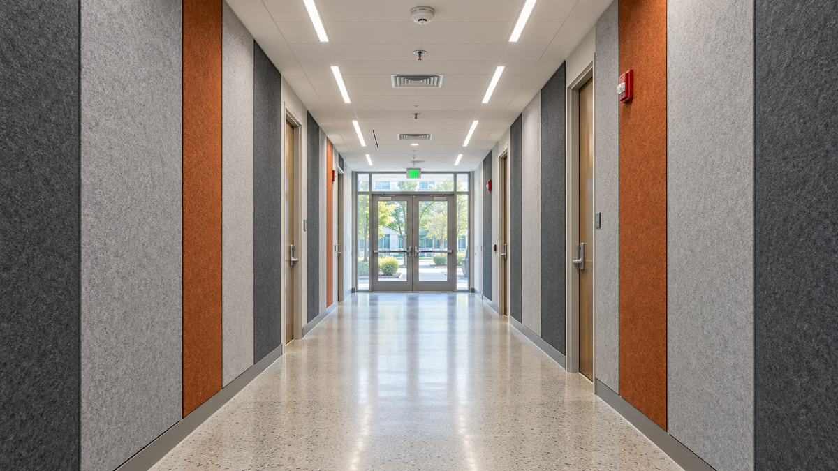 Fabric wrapped acoustic wall panels along a modern US office corridor, acoustic panels usa, AI-generated image