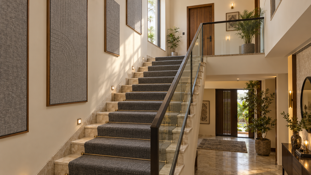 Open riser stone staircase in an Indian duplex villa, staircase noise reduction, AI-generated image
