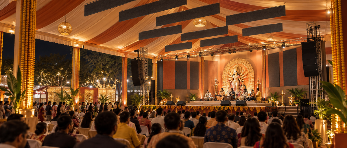 Loudspeaker stack on scaffolding at an Indian festival pandal at night, festival noise india, AI-generated image