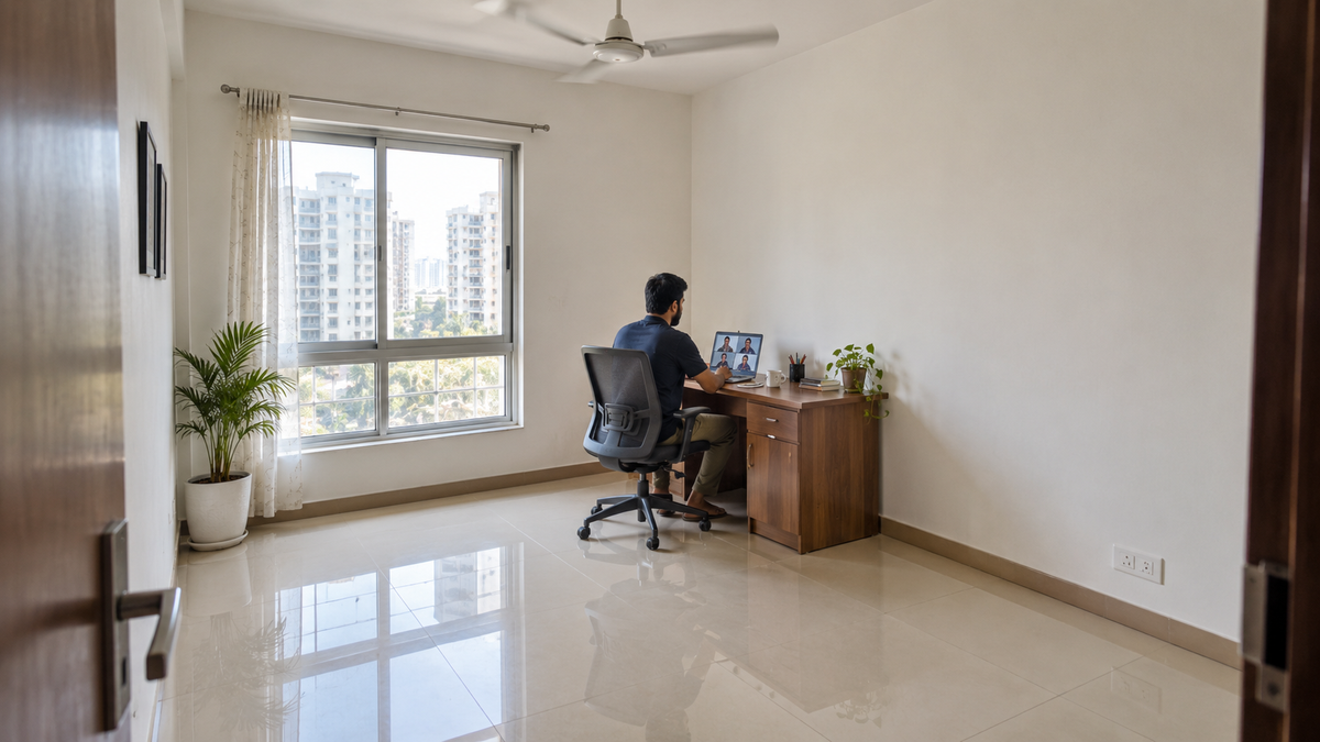 Bare home office corner in an Indian apartment with a vitrified tile floor and ceiling fan, home office soundproofing india, AI-generated image