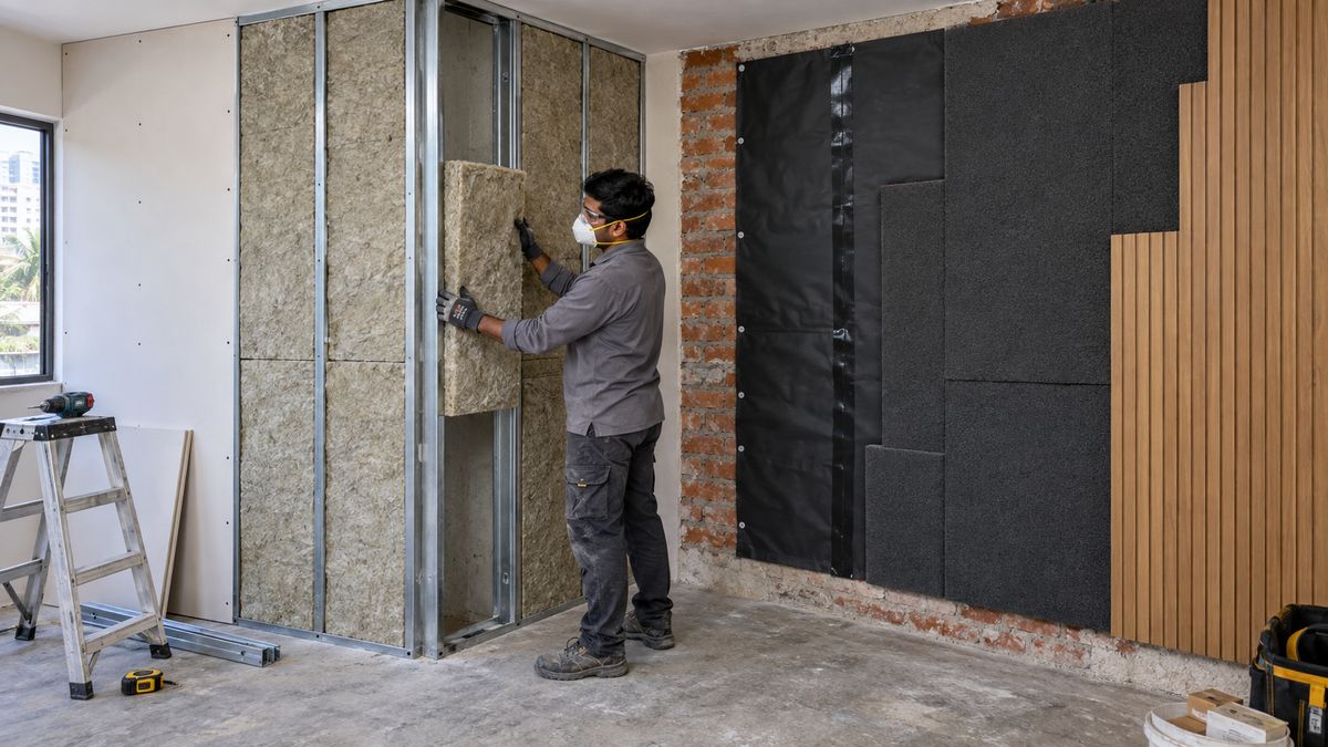 Stud partition wall with mineral wool packed into the cavity, AI-generated image
