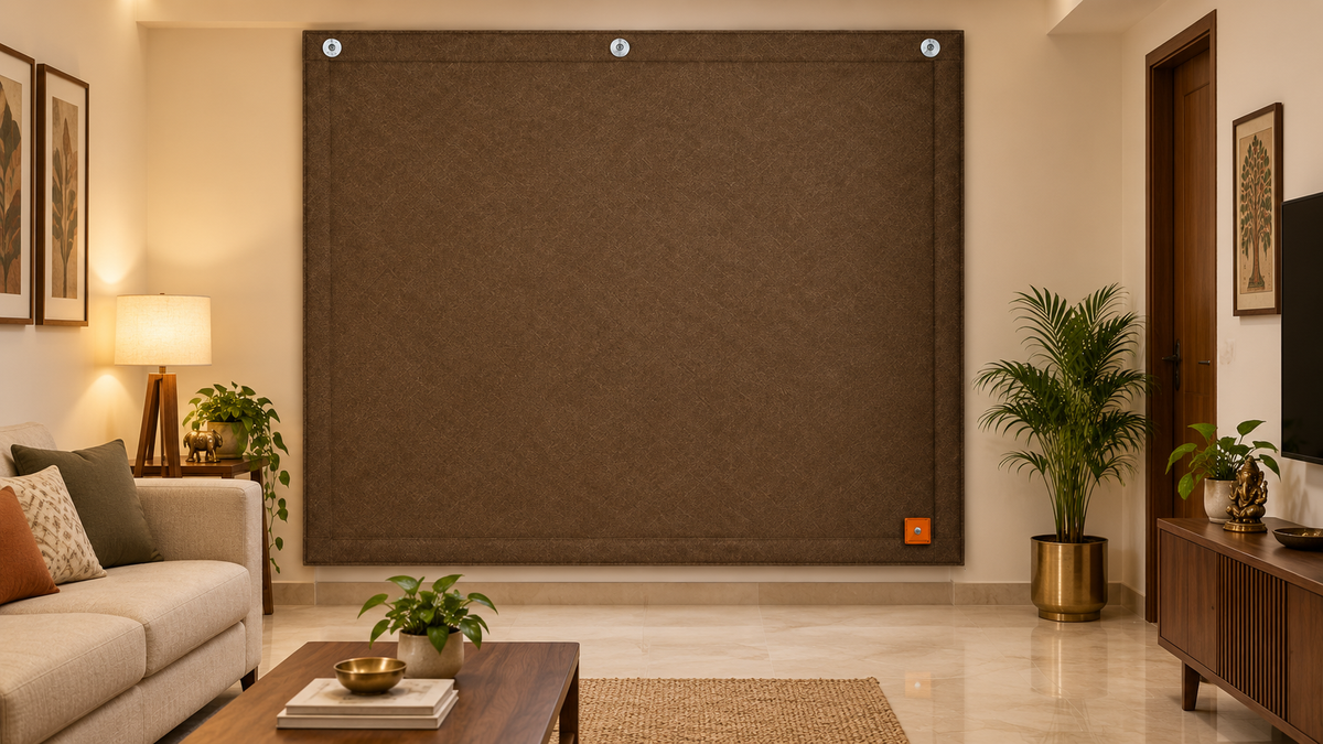 Soundproof curtains in an Indian living room, AI-generated image