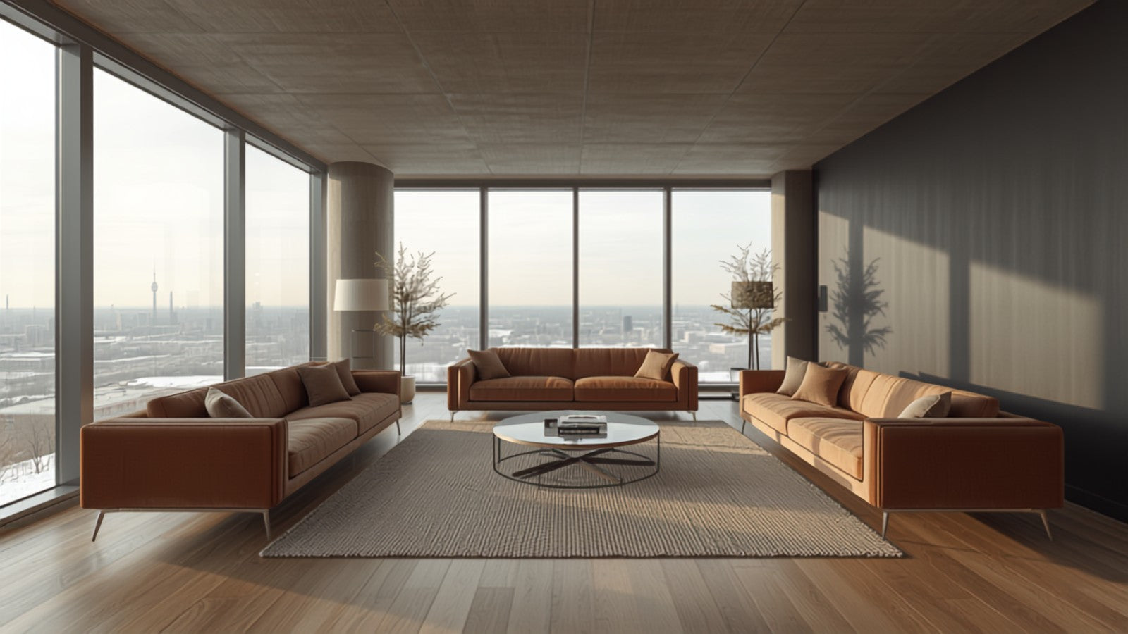 Quiet high rise condo living room in Canada with winter city view, condo soundproofing Canada, AI-generated image