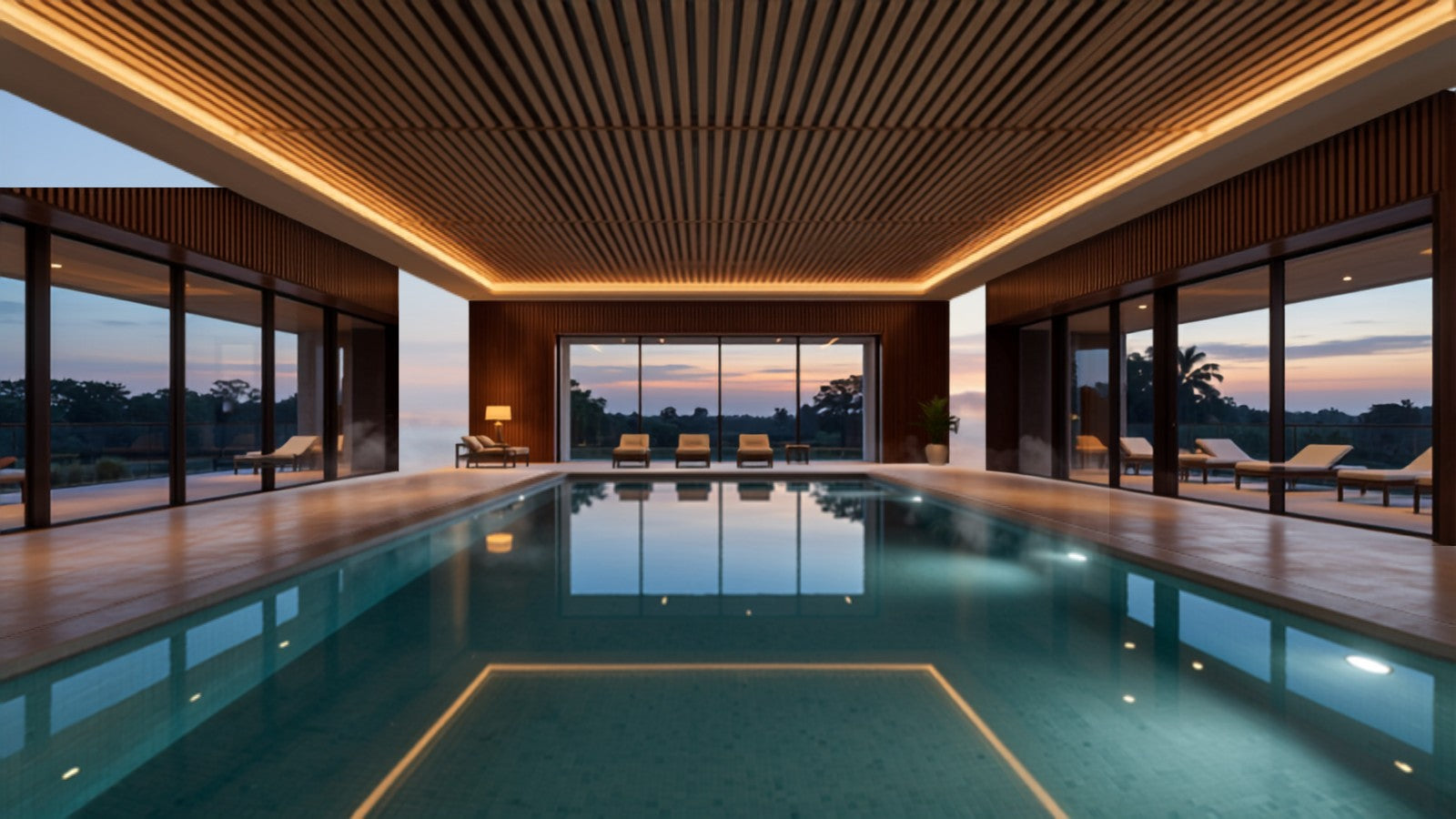 Indoor swimming pool with wooden slat acoustic ceiling panels reducing echo — AI-generated image