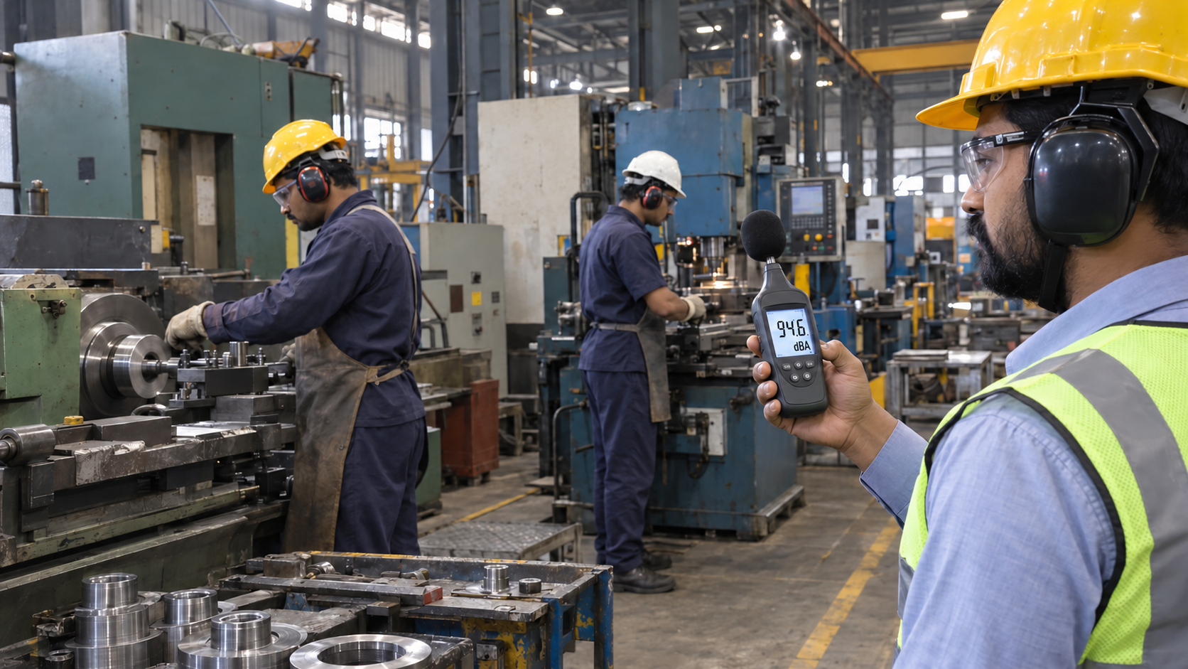 Machinery running on an Indian factory floor with ear defenders on a column, occupational noise limits india, AI-generated image