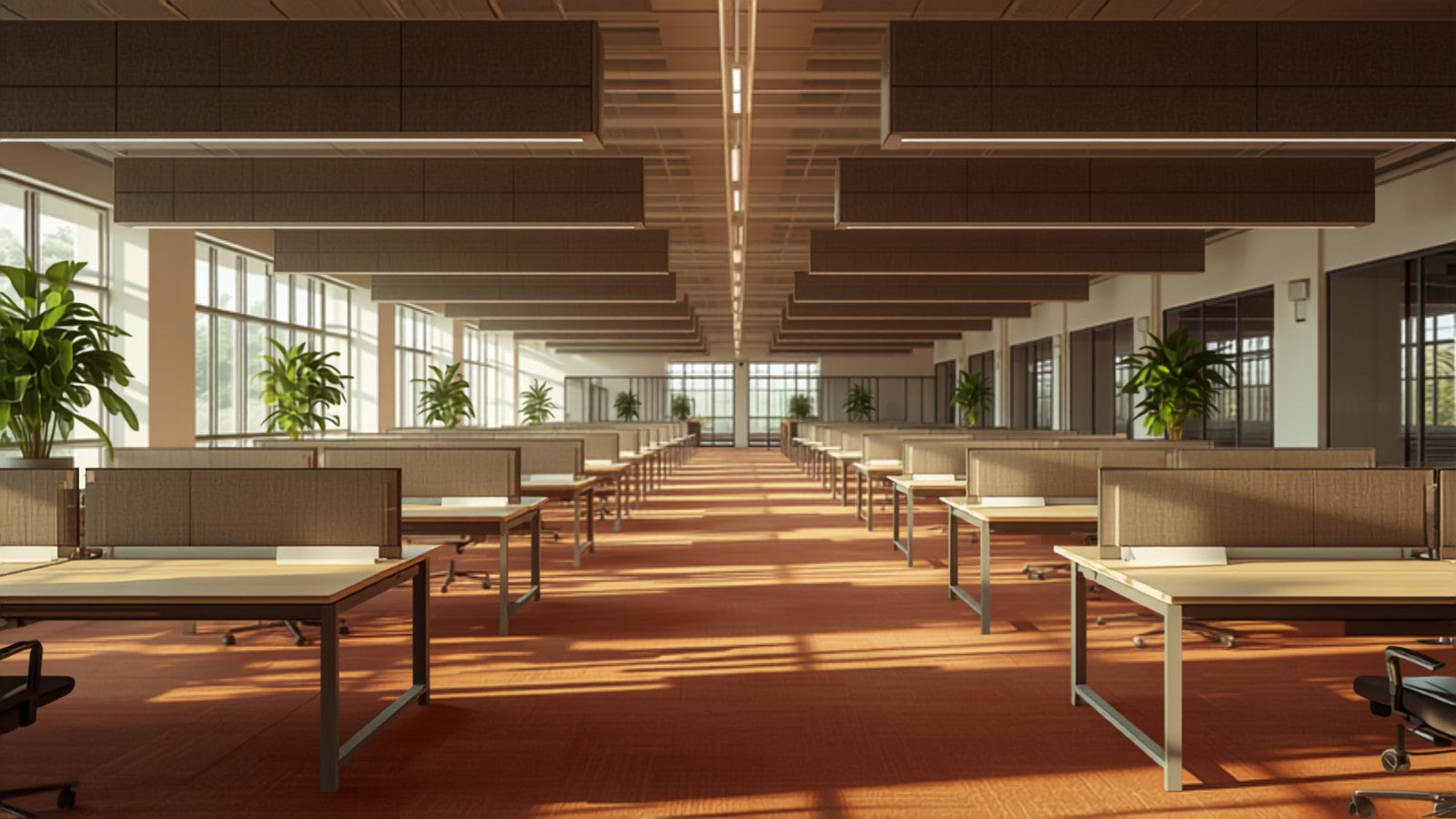 Open plan Indian office with ceiling baffles and acoustic dividers, AI-generated image