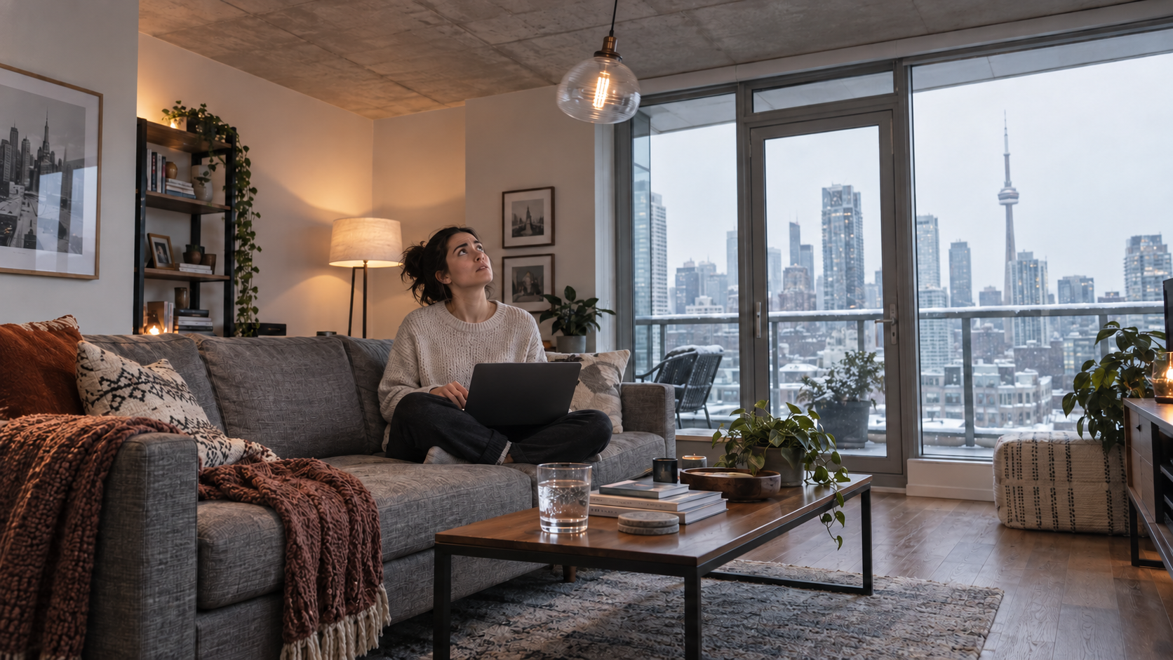 Quiet high rise condo living room in Canada with winter city view, condo soundproofing Canada, AI-generated image