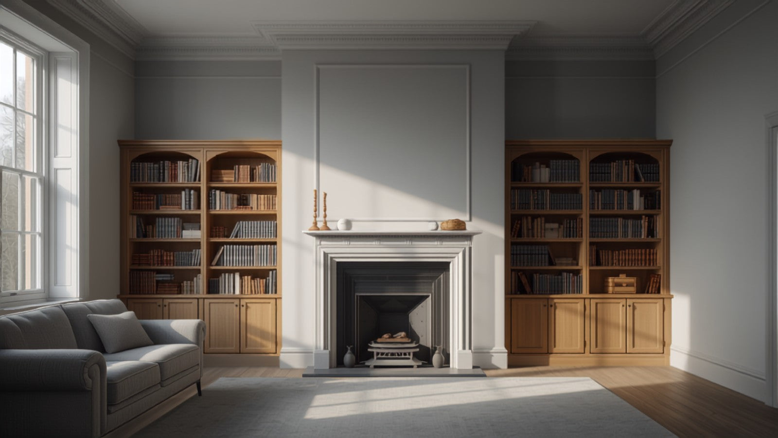 Living room party wall with chimney breast in a UK terraced house, AI-generated image