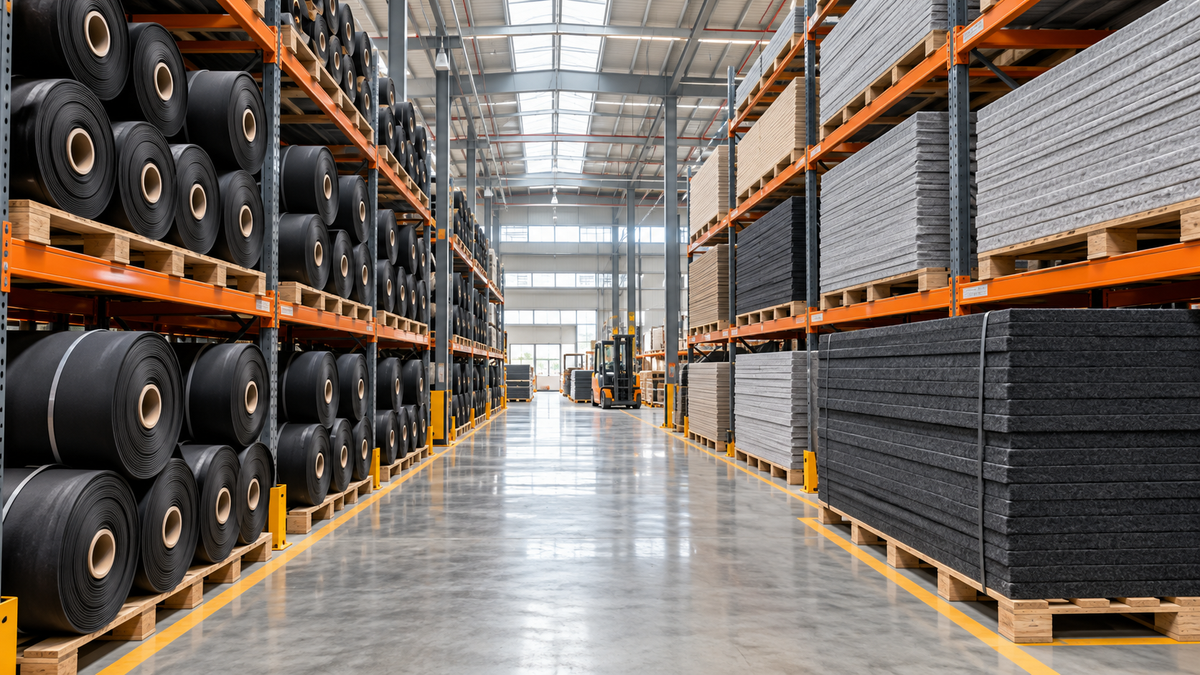 Racks of rolled acoustic membrane and stacked panels in a materials warehouse, acoustic oem partner, AI-generated image