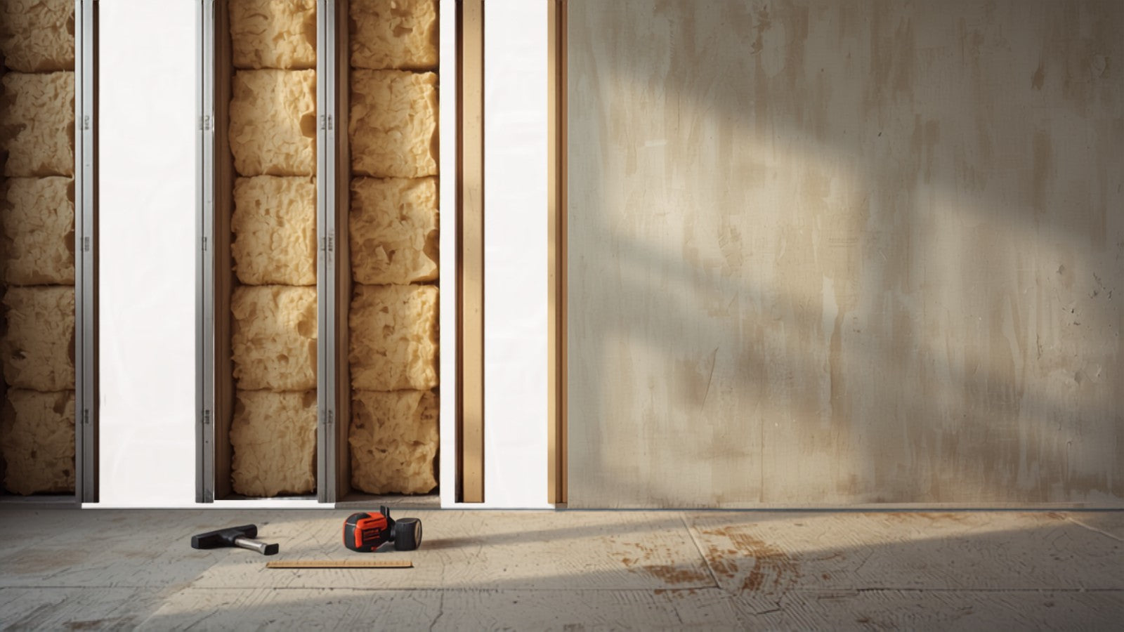 Stud partition wall with mineral wool packed into the cavity, AI-generated image