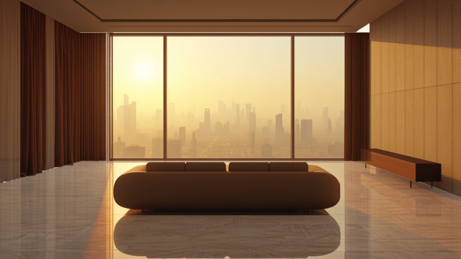 Dubai high rise apartment with floor to ceiling glazing and heavy curtains, AI-generated image