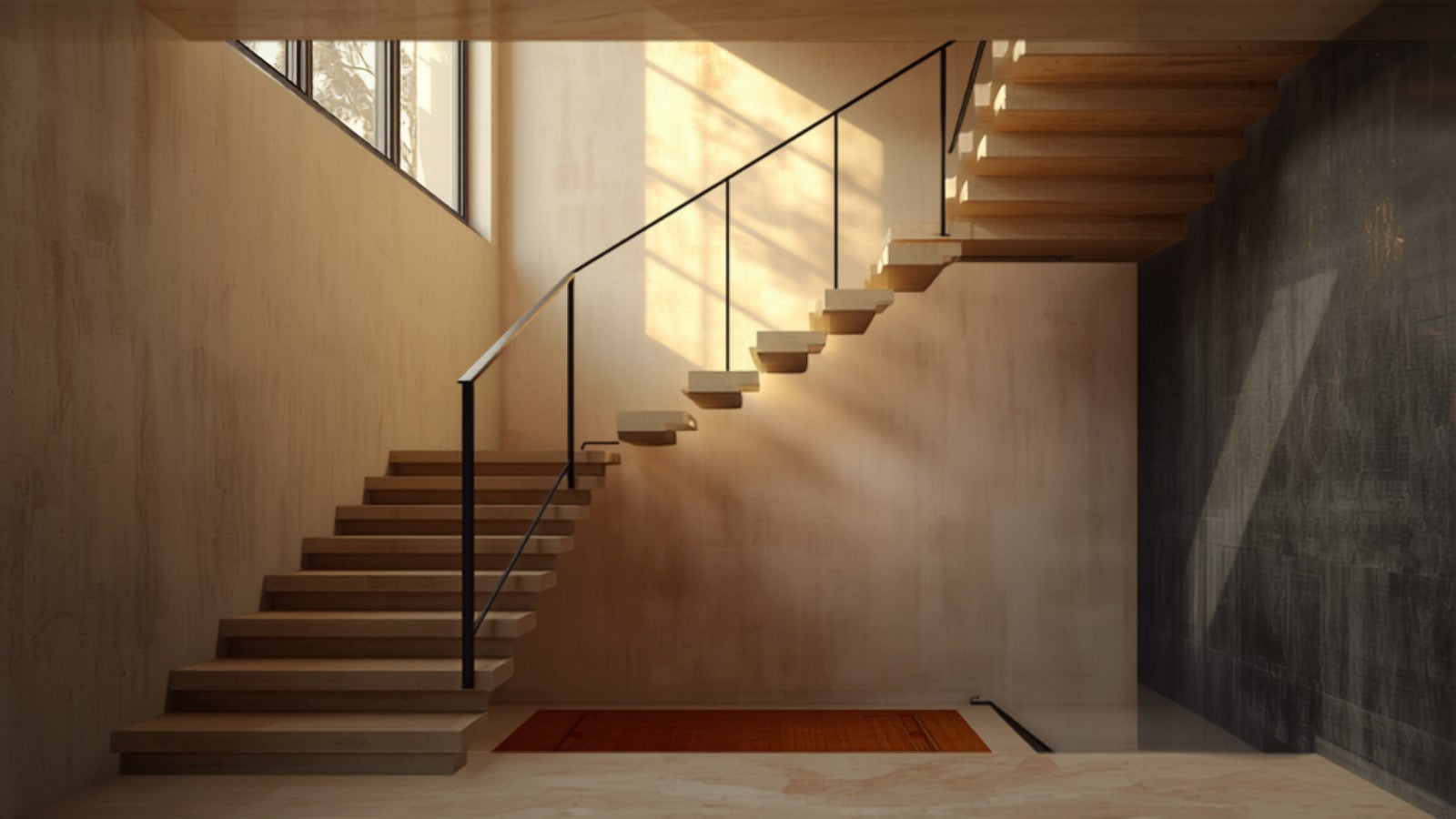 Open riser stone staircase in an Indian duplex villa, staircase noise reduction, AI-generated image