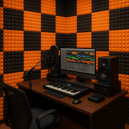 Pyramid Acoustic Foam 1”, 1x1 Ft, Charcoal + MMT Orange