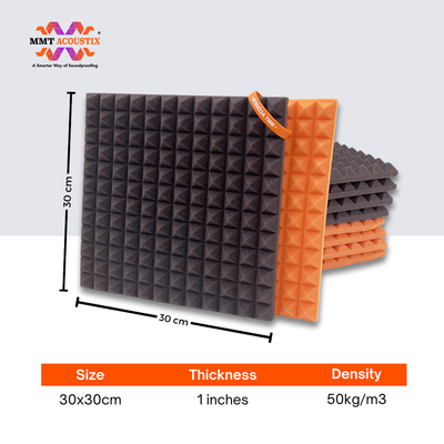 Pyramid Acoustic Foam Panel 1" | 1 X 1 feet | Pro Charcoal & MMT Orange