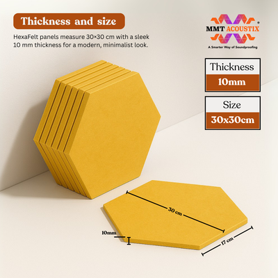 MMT Acoustix® HexaFelt Bevelled Acoustic Panels, Luxury Sound Absorbing Felt Wall Panels for Home, Office & Studios | VOC Free, 30×30 cm, NRC 0.90 | Pack of 8 |  Mustard