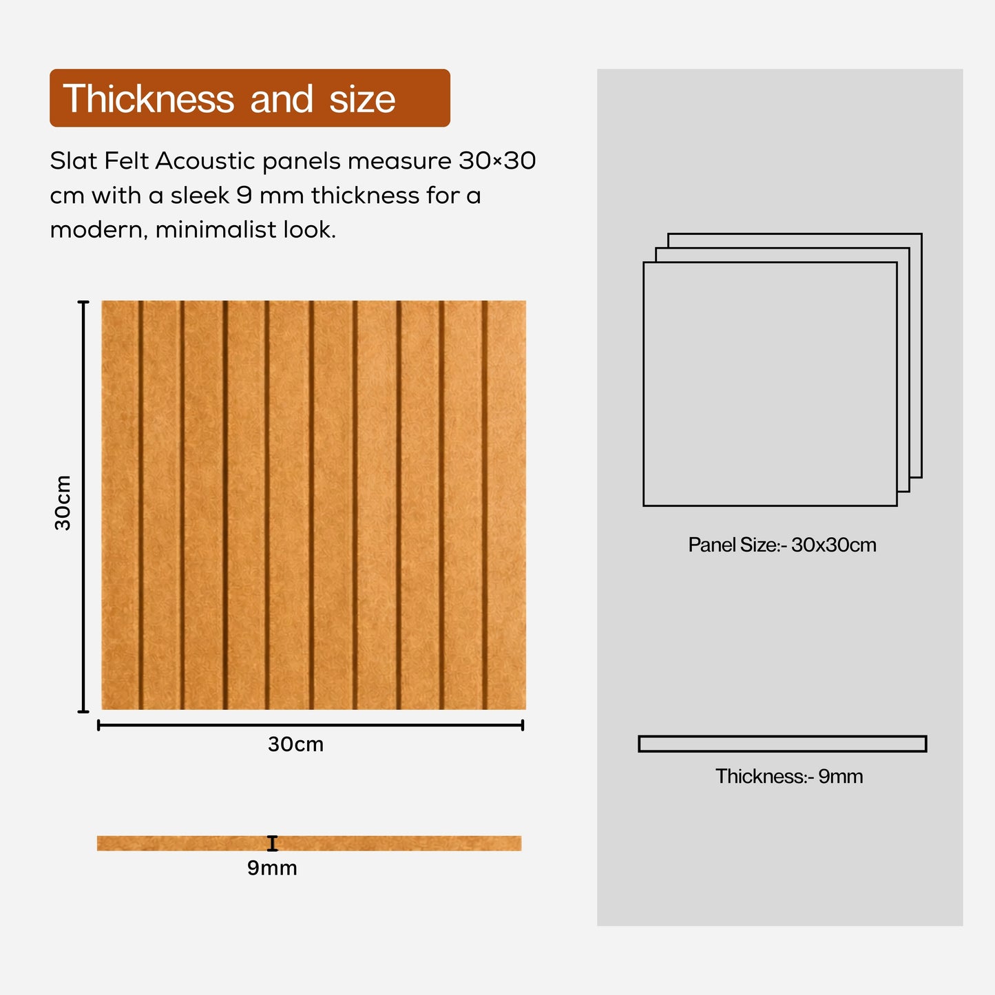 Slats Felt Acoustic Panels 30×30 cm Panels Camel  Set of 8