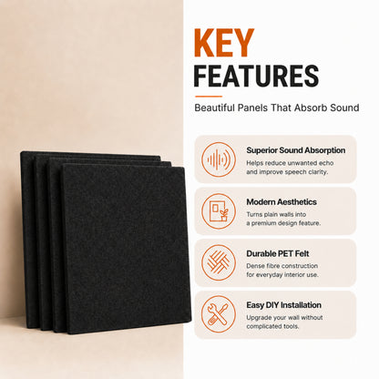 Piano Black PET felt acoustic panel shown installed on a wall