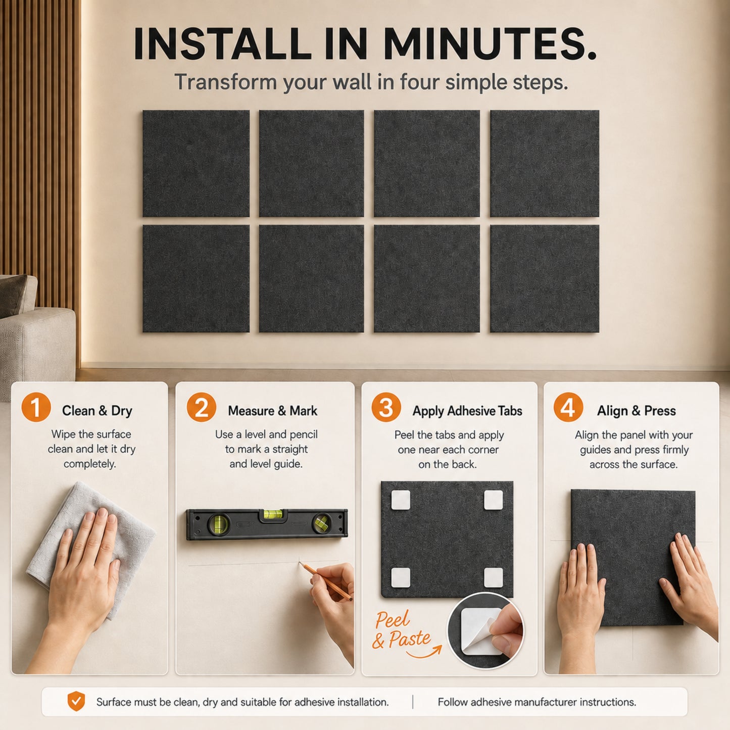 Felt PET Acoustic Panel | Office & Home Acoustics | Piano Black