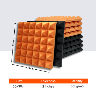 Pyramid Acoustic Foam Panel 2" | 1 x 1 Feet | Pro Charcoal & MMT Orange