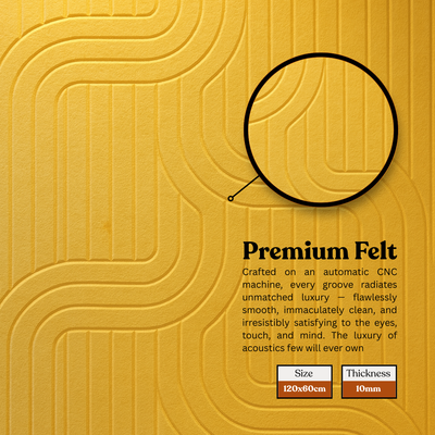 MMT Acoustix® Mirage Felt Acoustic Panels | Luxury Wall Acoustics with Premium Touch & Smooth CNC Grooves | 4x2 ft, 9mm Thick, NRC 0.50 | Soundproofing & Echo Control for Office, Living Room & Studio | Slide, Mustard