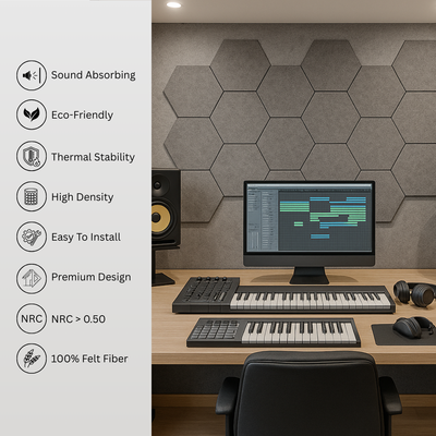 MMT Acoustix® HexaFelt Bevelled Acoustic Panels, Luxury Sound Absorbing Felt Wall Panels for Home, Office & Studios | VOC Free, 30×30 cm, NRC 0.90 | Pack of 7 |  Pumice