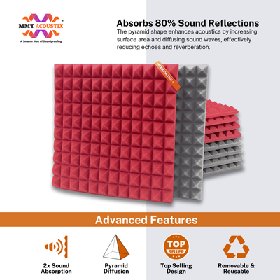 Pyramid Acoustic Foam Panel 1" | 1 X 1 Feet | Stone White & Flame Red