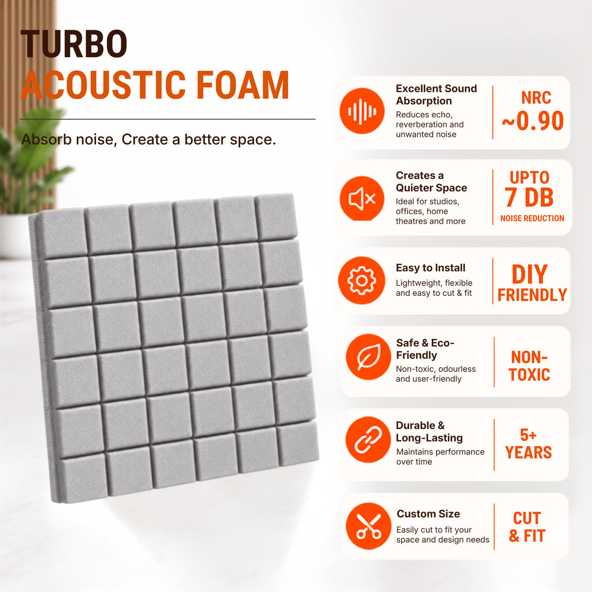 Turbo Acoustic Foam 1x1 ft, Stone White