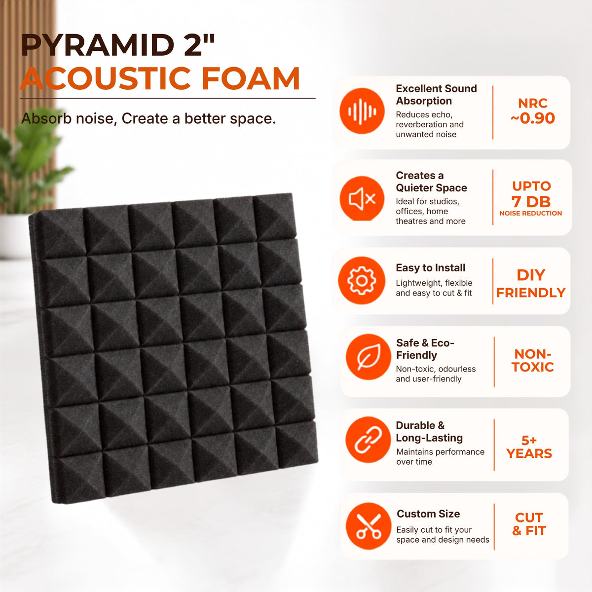 Pyramid Acoustic Foam 2”, 1x1 Ft, Charcoal Black