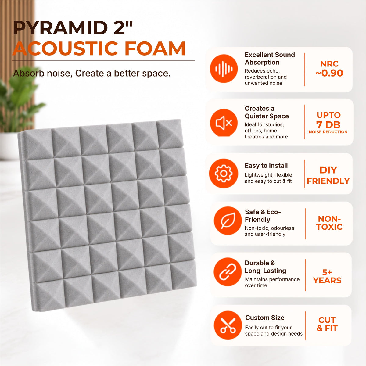 Pyramid Acoustic Foam 2”, 1x1 Ft, Stone White