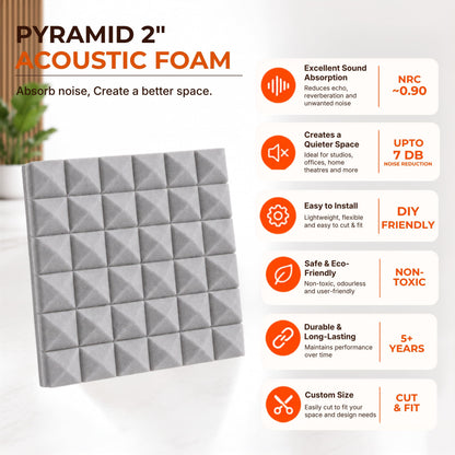 Pyramid Acoustic Foam 2”, 1x1 Ft, Stone White